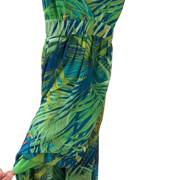 Revamped Tropical Leaf Print Maxi Dress Womens Large Coloful Chiffon Boho Glam - Picture 4 of 12